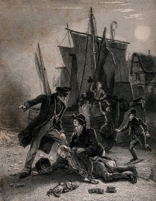 An old smuggler (Mr Moffit) is shot dead by a naval inspector with a pistol, who finds rolls of tobacco in the dead man's pockets; other people attend the scene. Engraving by W. Greatbach, 1833, after F. Pickering.