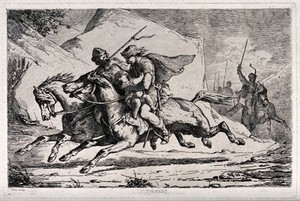 view Two men on horseback, one clutching a child are being pursued by others brandishing swords. Etching by D. Félix, 1866.