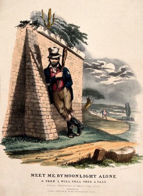 A robber holding a cudgel is leaning against a wall waiting to attack and rob a man who is walking along a path under a full moon. Colour lithograph.