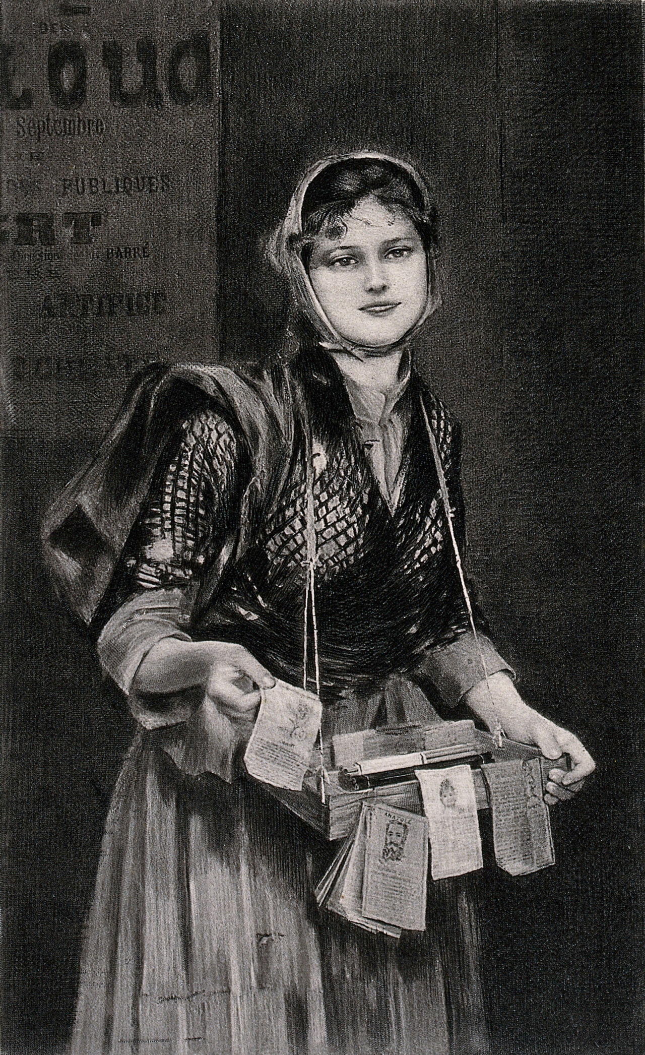 A young woman carrying a tray of small pamphlets holds one out for sale. Photogravure by Gebbie & Husson after C. Fould., by Consuelo Fould