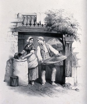 view A young man working in a watermill holds a large flat basket of bran and gazes adoringly at a young woman as she measures out bran into a drum. Lithograph after Jules David.