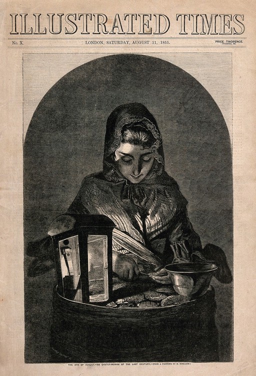 A woman, with light shining on her face from a lamp, standing in front of a barrel of oysters, opening one with a knife. Wood engraving by H. Linton after H. Morland.