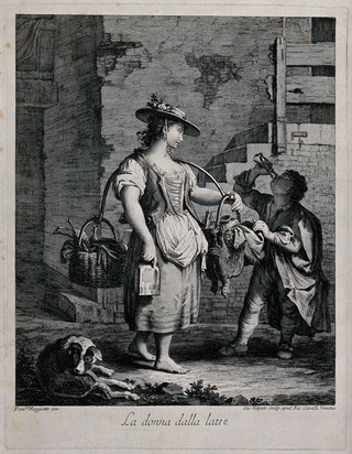 A boy drinks milk from the flask that a young woman has given him from her panier. Engraving by Giovanni Volpato after Francesco Maggiotto.