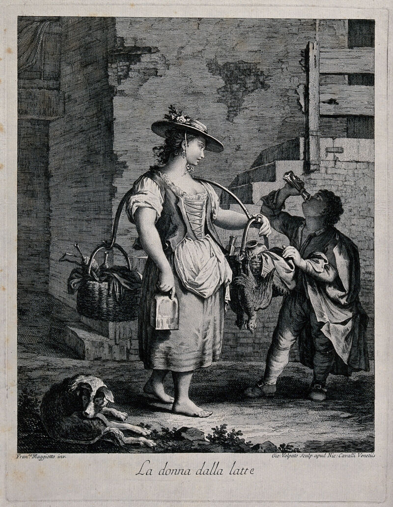A boy drinks milk from the flask that a young woman has given him from her panier. Engraving by Giovanni Volpato after Francesco Maggiotto., 1700-1799, by Francesco Maggiotto