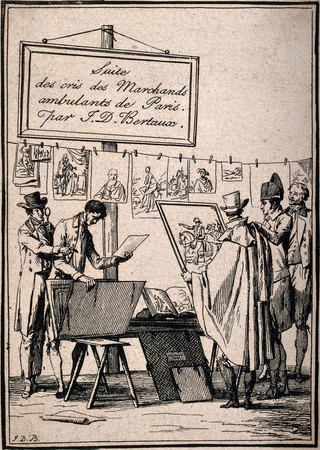 The stall of a print seller in Paris: customers look at prints pegged on a line and in portfolios. Etching by J. Duplessi-Bertaux, ca. 1813.