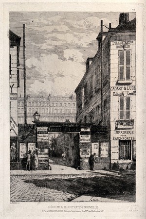 view Rue Neuve des Mathurins in Paris: the printing house of Cadart & Luce. Etching by A. Taiée, 187-.