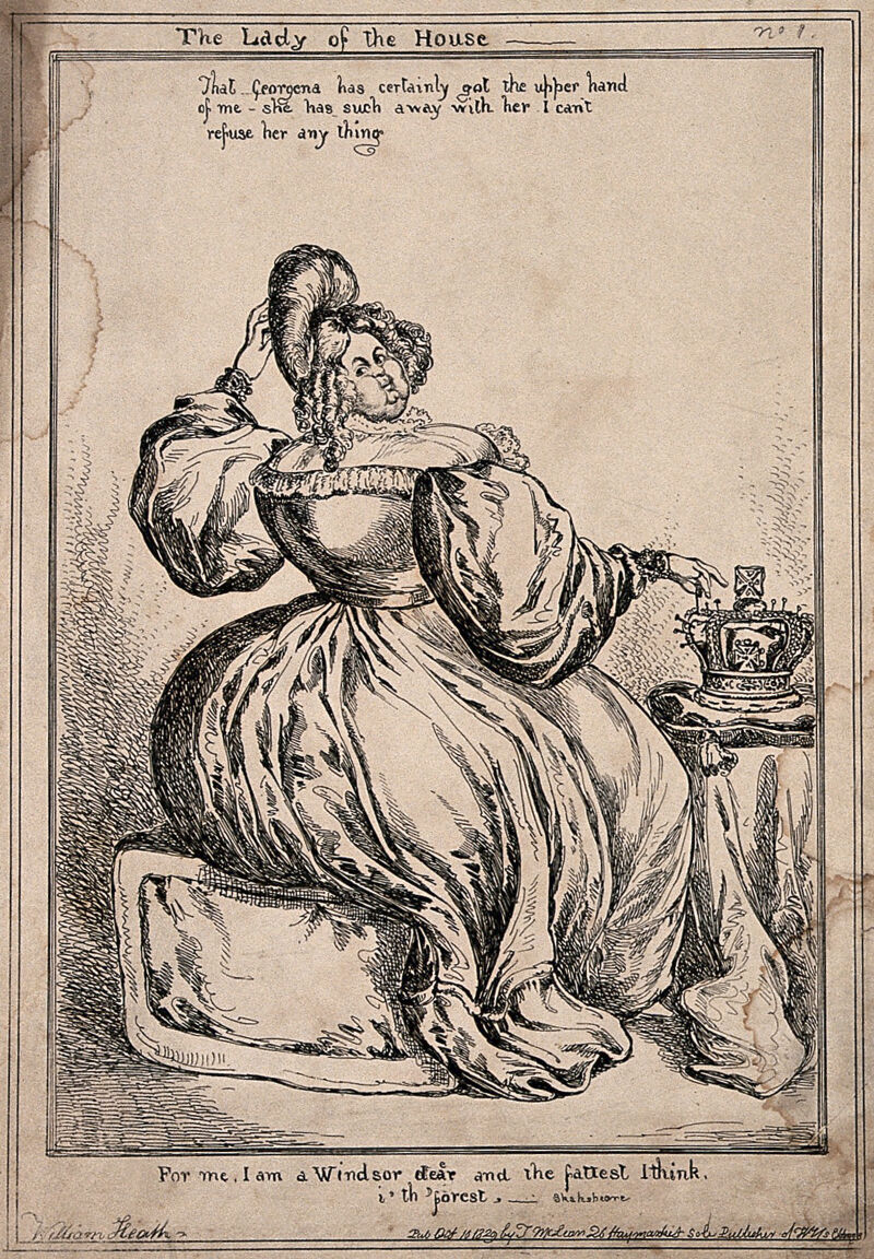 Lady Conyngham sitting on a stool with her hand on a crown. Etching by William Heath., Oct.10 1829, by William Heath