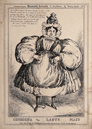 view King George IV as a lady's maid wearing an apron over her dress. Etching by William Heath, 1829.