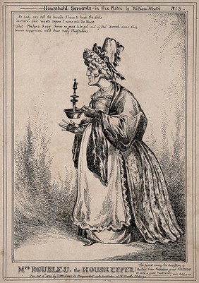 The Duke of Wellington as an old woman wearing a bonnet and carrying a candle stick and snuffer. Etching by William Heath, 1829.