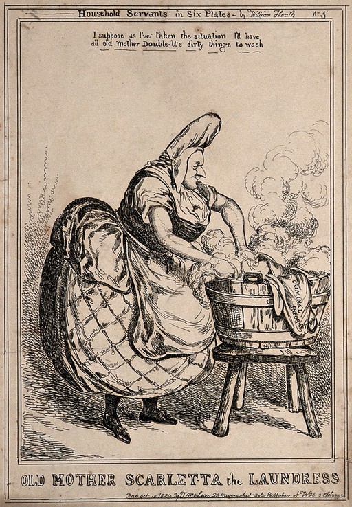 A very large woman is scrubbing clothes in a large tub filled with hot soapy water. Etching by William Heath.