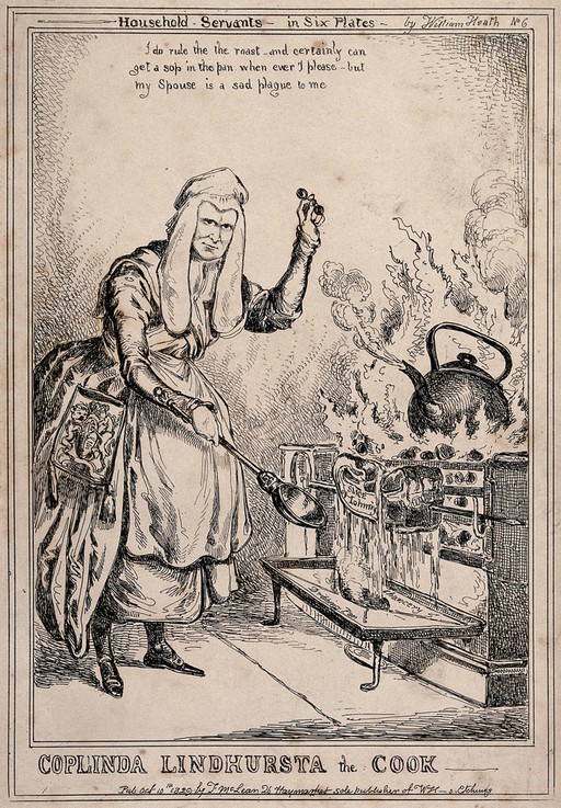 A woman with a large ladle in her hand is cooking something on the fire as a large kettle boils. Etching by W. Heath, 1829.