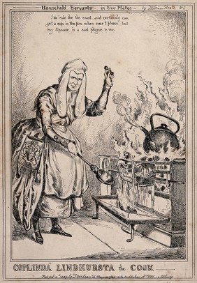 Lord Lyndhurst, as a cook with a large ladle in his hand, is roasting beef on the spit as a large kettle boils. Etching by W. Heath, 1829.