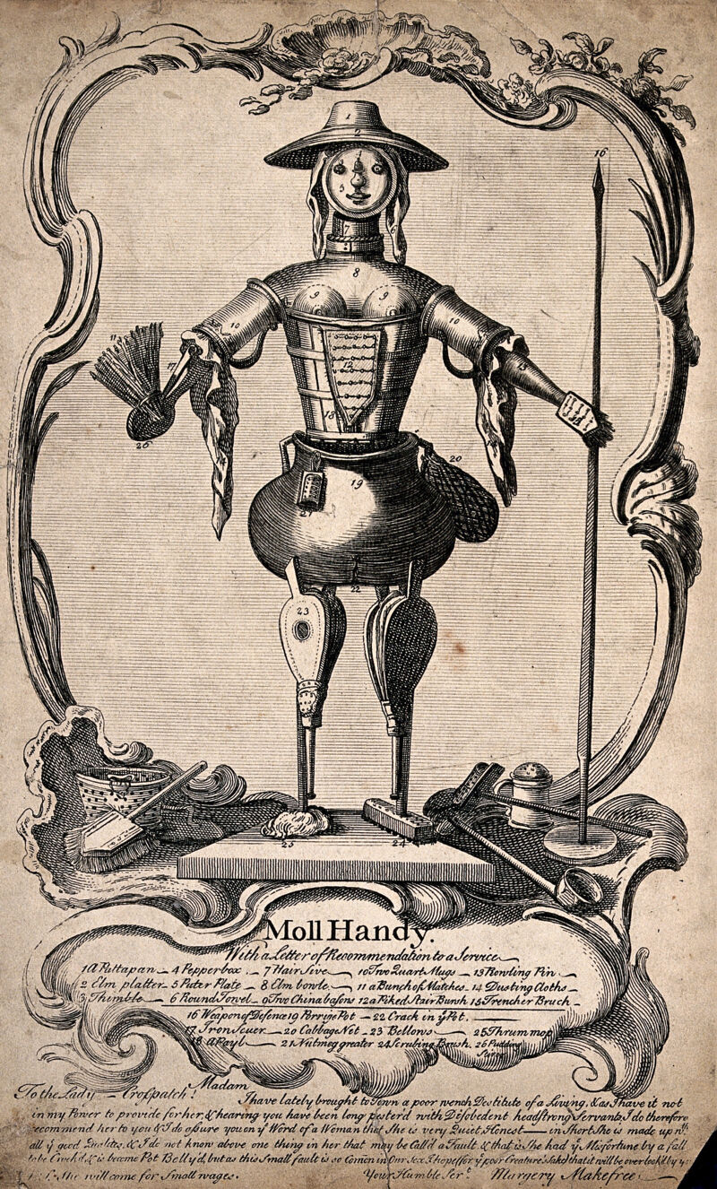 A mechanical housemaid constructed from pieces of household equipment. Engraving by G. Bickham the younger., 1700-1799, by George Bickham the Younger