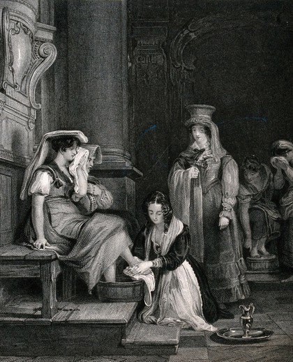 A woman washes the feet of another woman in a church. Engraving.