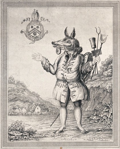 A good servant, represented as a hybrid creature combining a man, a pig, an ass and a deer, carrying cleaning implements and having a padlocked mouth. Engraving after J. Hoskins.