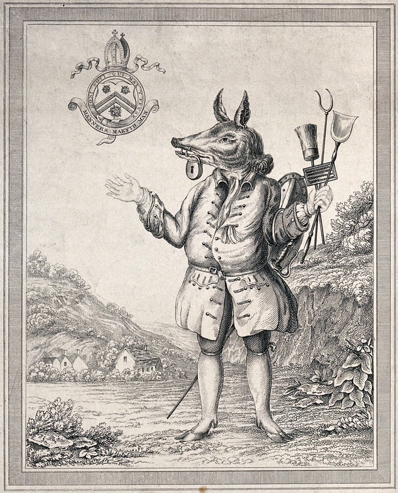 A good servant, represented as a hybrid creature combining a man, a pig, an ass and a deer, carrying cleaning implements and having a padlocked mouth. Engraving after J. Hoskins., by John Hoskins