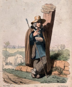 view An old shepherd leaning against a worn-out road-sign eats his lunch while sheep graze in a field next to the road. Coloured lithograph by A.J.L. Jazet, 1843.