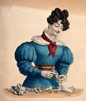 view A young woman stands at a counter in Paris making packages of hardware goods. Coloured lithograph by Ch. Philipon, 1828.