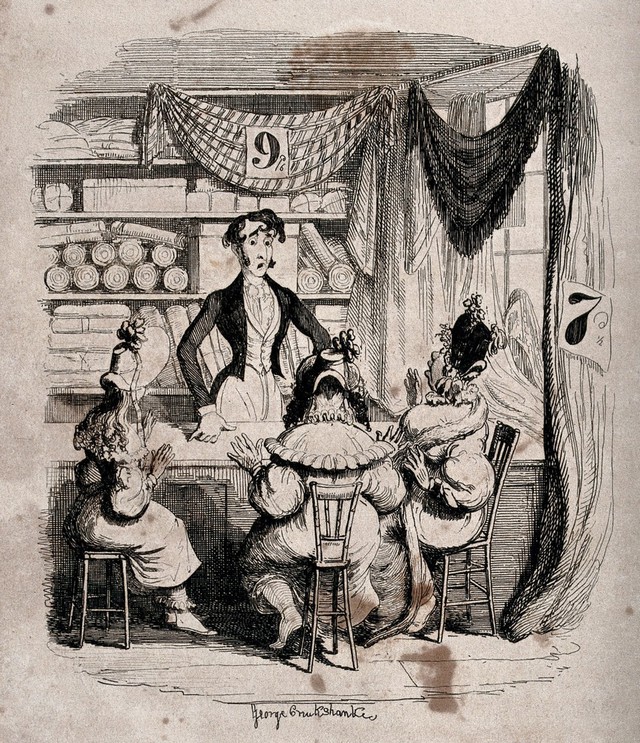 <p>"The gestures of the three female Maldertons at the draper's counter suggest their shock and disbelief as they discover that Horatio Sparkins is a fraud — and are caught out buying inferior silks at "a dirty-looking ticketed linendraper's shop" (278) in order "save a shilling." The elegantly dressed young man with the slender waist and perfectly fitting tailcoat, waistcoat, and cravat is a very "fashion-plate," with Byronic curls and a shocked expression that betokens a mutual recognition between himself and Miss Malderton, centre. Although, as Schlicke, points out, what distinguishes this little tale from the previous London sketches in "Our Parish," "Scenes," and "Characters" is the contribution of all elements of setting, character, and costume to the plot, what connects this "tale" to the earlier, non-fiction pieces is the detailed description that George Cruikshank provides of a commercial establishment, with pricing prominently displayed. The very curtains in this prose-farce, suggestive of a theatrical performance, are priced to go."--Allingham, loc. cit.</p>