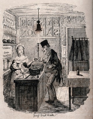 A man buys an oyster from a woman behind the counter in a London oyster saloon. Etching by George Cruikshank, 1839.