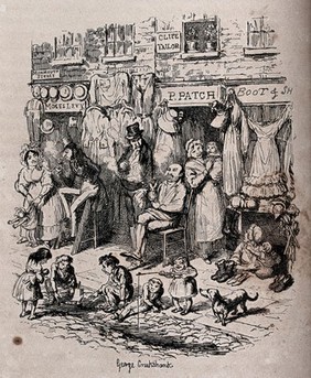 The former Monmouth Street in London: women and children playing and men sitting and standing while smoking pipes, with items for sale hanging outside shops. Etching by George Cruikshank, 1839.