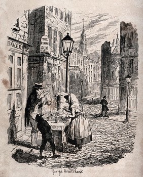 An almost deserted street in London in the early morning: a woman serves a man and a boy with a hot drink, and a policeman rests against a bollard. Etching by George Cruikshank, 1839.