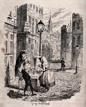 view An almost deserted street in London in the early morning: a woman serves a man and a boy with a hot drink, and a policeman rests against a bollard. Etching by George Cruikshank, 1839.