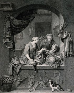 A man comes to a shop to sell a fish to a woman who sells poultry, fish and vegetables, watched by a cat. Engraving by J. Burnet after W. Mieris.