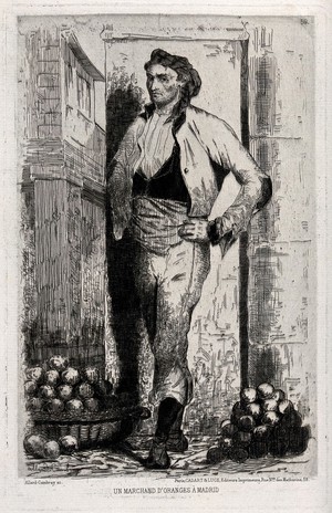 view A man selling oranges in Madrid. Etching by C. Allard-Cambray, 1868.