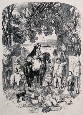 A couple on horseback and a young child on a pony are stopped at a gate by a farmer who points at a tollgate sign pinned to the fence. Process print after Fred Branston after W. Harvey.