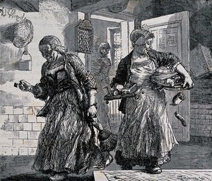 view Two women are walking out of a kitchen and a man is shouting after them as some things fall from the tray one of them is carrying. Wood engraving by H. Kaeseberg after A. Menzel.