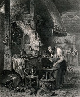 A Flemish smith hammers at a piece of metal on his anvil as he makes suits of armour. Engraving by J. Godfrey, 1854, after H. Leys.