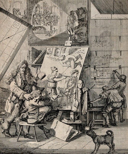 An artist in his studio is surrounded by symbols of his profession. Etching.