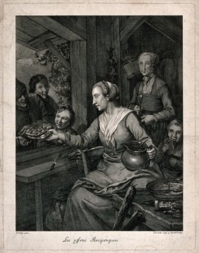 A woman cooking pancakes is passing food on a plate through the window to people outside: one of them counts out his coins. Engraving by P. de Colle after  C.W.E. Dietrich.