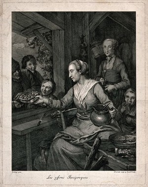 view A woman cooking pancakes is passing food on a plate through the window to people outside: one of them counts out his coins. Engraving by P. de Colle after  C.W.E. Dietrich.