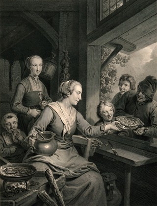 A woman cooking pancakes is passing food on a plate through the window to people outside: one of them counts out his coins. Engraving by J.G. Wille, 1771, after C.W.E. Dietrich.