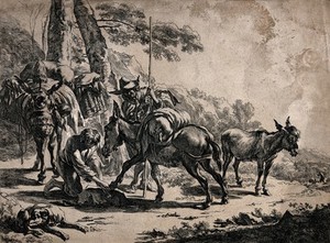 view Two men on a journey with three donkeys along a path through rocky terrain: one of the men is tending to the shoes of a donkey as the other man looks on. Etching by J. Visscher after N. Berchem.