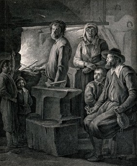 A family grouped around a blacksmith's anvil as he holds his tools in the fire. Engraving by Lavasseur and Claessens after A. Fragonard after Le Nain.