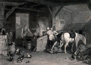 view A blacksmith working in his forge, and discussing money with two customers, while a boy shoes a horse. Engraving by C.W. Sharpe after J.M.W. Turner.