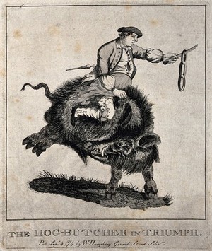 view A butcher swinging a string of sausages from a knife rides on the back of a large black boar. Etching, 1774.