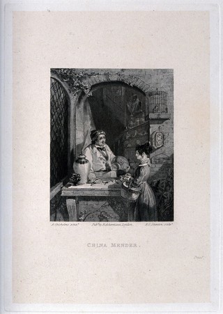 A young woman is holding a broken jug which she has brought to the man in a shop to mend. Engraving by H.C. Shenton after A. Chisholm.