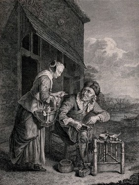 An old shoemaker is stitching a boot as a young woman leans over him holding a jug in her hand. Engraving by P. Duflos, 1778 after D. van Tol.