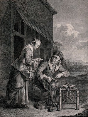 view An old shoemaker is stitching a boot as a young woman leans over him holding a jug in her hand. Engraving by P. Duflos, 1778 after D. van Tol.