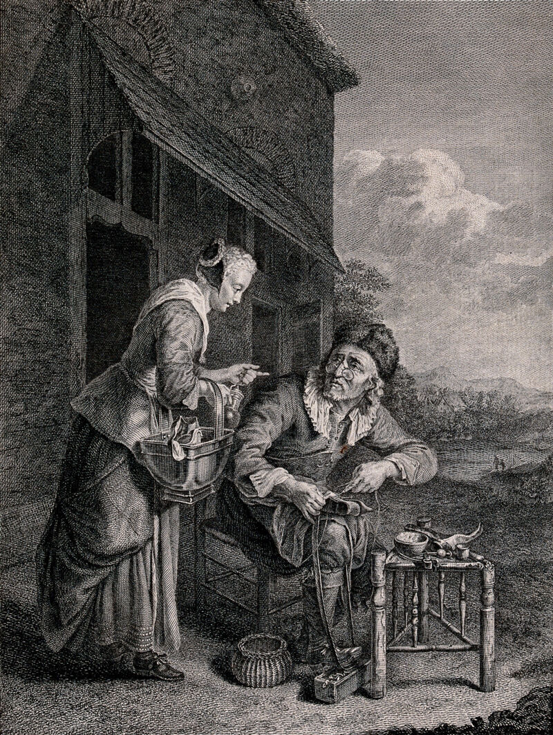 An old shoemaker is stitching a boot as a young woman leans over him holding a jug in her hand. Engraving by P. Duflos, 1778 after D. van Tol., [1778], by Domenicus van Tol