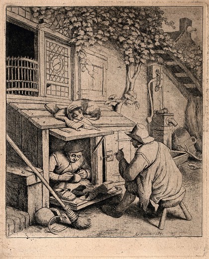 A clog-carver working in a daylight-basement with a window on to the street; another man sits on a stool in the street talking to him while smoking a pipe; a dog sleeps on the roof over the window. Etching by Adriaen van Ostade.