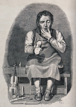 view A Scottish musical shoemaker: he sits on a bench and contemplates the sole of a shoe he is holding; on the floor and resting against the bench are a violin, a recorder, and a book of music scores. Etching by Walter Geikie.