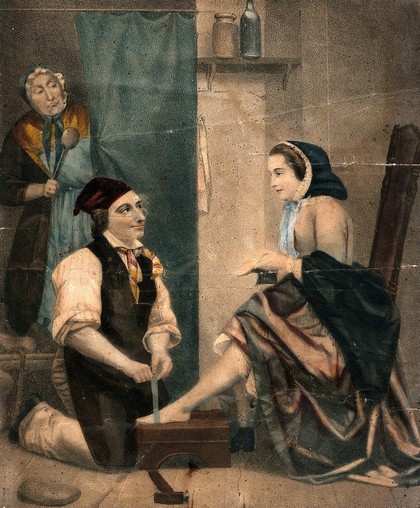 A shoemaker measures up the feet of a young woman who is sitting on a chair holding a shoe in her hand; they exchange looks as they are watched by a displeased woman (his wife?) who is holding a spoon. Coloured lithograph.