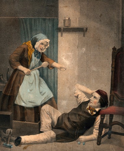 A shoemaker who has exchanged looks with a young woman customer lies on the floor holding his head as a woman (his wife?) attacks him with a spoon. Coloured lithograph.
