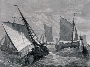 view Six sailing boats navigate choppy seas. Wood engraving by G.H. Andrews.