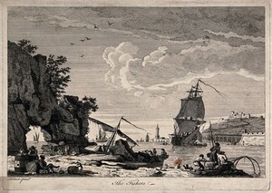 view Men in fishing boats near a harbour. Etching attributed to F. Vivares after C.J. Vernet.